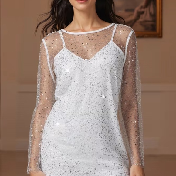 Sparkly white sequin dress w/ slip - sheer/mesh - Picture 5 of 5